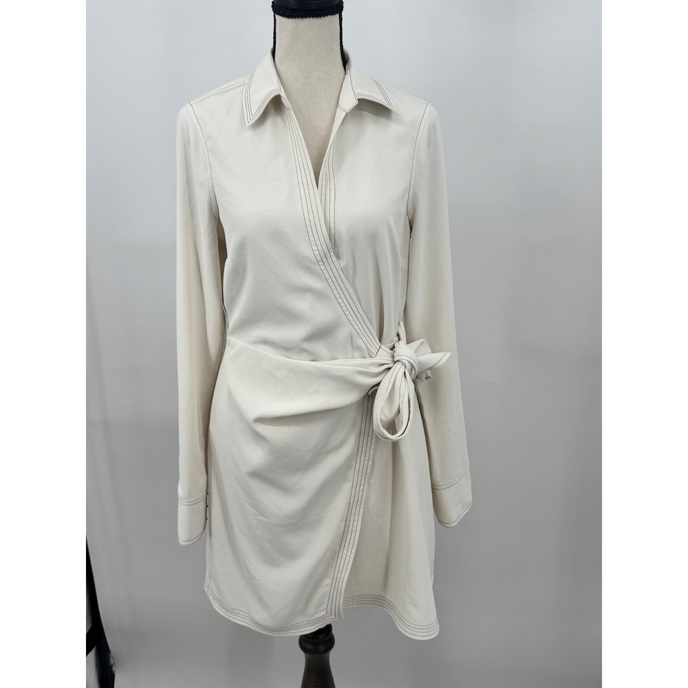 Veronica Beard Wrap Dress Womens 4 Ivory Contrast Stitch Long Sleeve Mini
